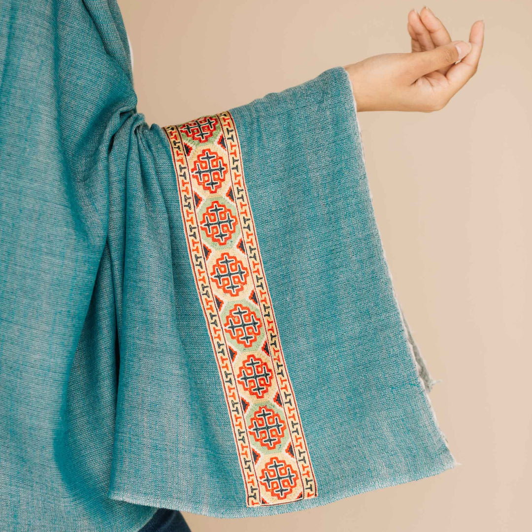 Embrace Calm Blue Wool Bordered Shawl Wrap - Best Meditation Wraps in USA for Embrace Journey Within
