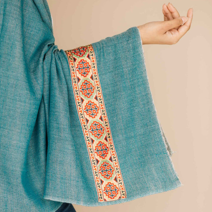 Embrace Calm Blue Wool Bordered Shawl Wrap - Best Meditation Wraps in USA for Embrace Journey Within