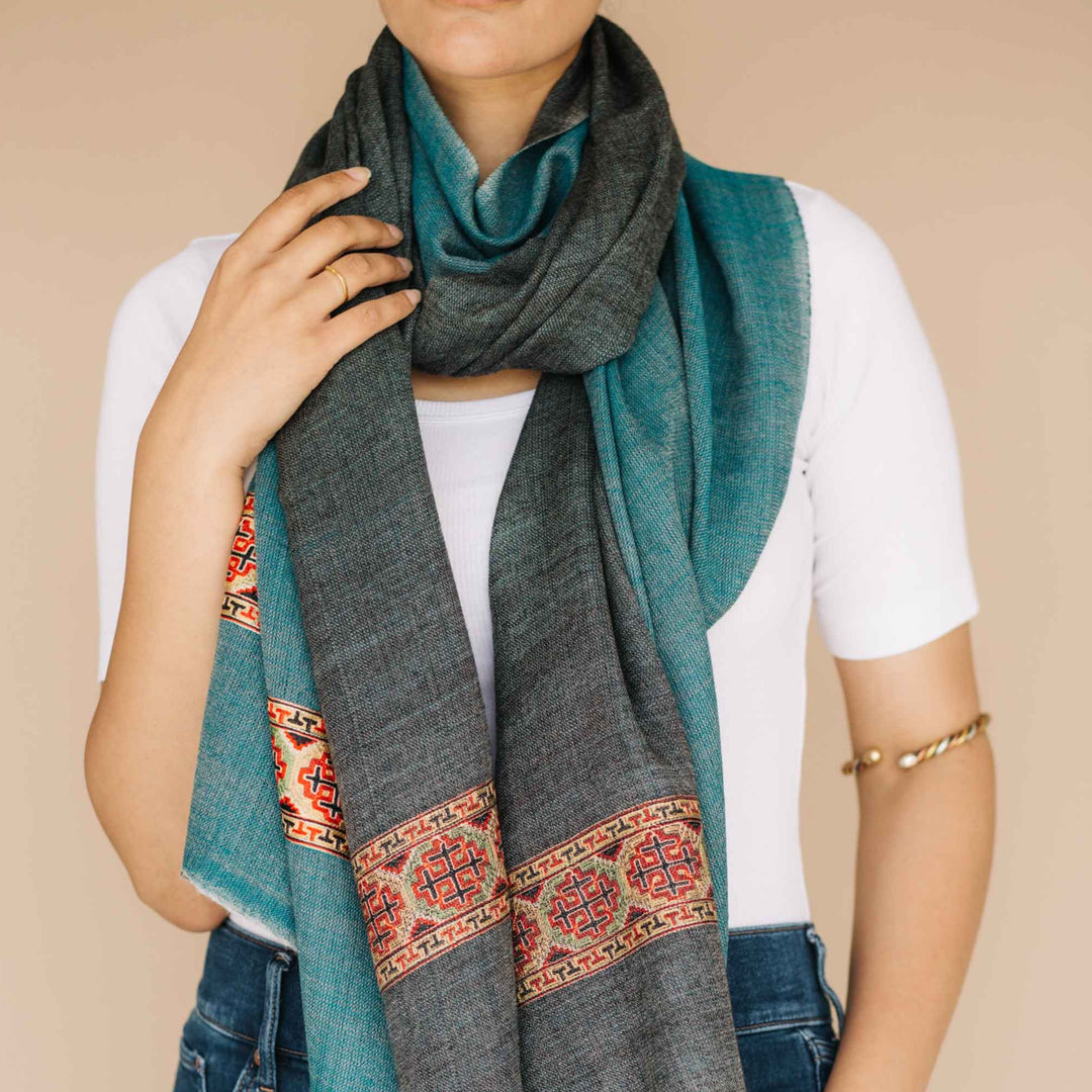 Embrace Calm Blue Wool Bordered Shawl Wrap - Best Meditation Wraps in USA for Embrace Journey Within