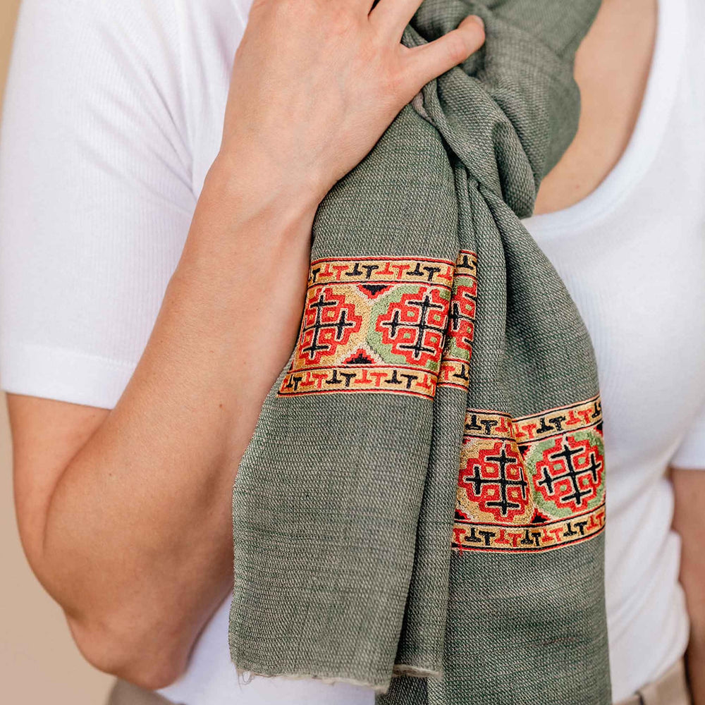 Embrace Healing Green Pure Wool Bordered Shawl Wrap - Best Meditation Wrap in USA for Embrace Journey Within