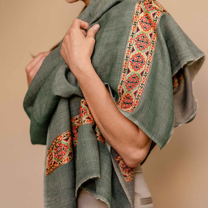 Embrace Healing Green Pure Wool Bordered Shawl Wrap - Best Meditation Wrap in USA for Embrace Journey Within