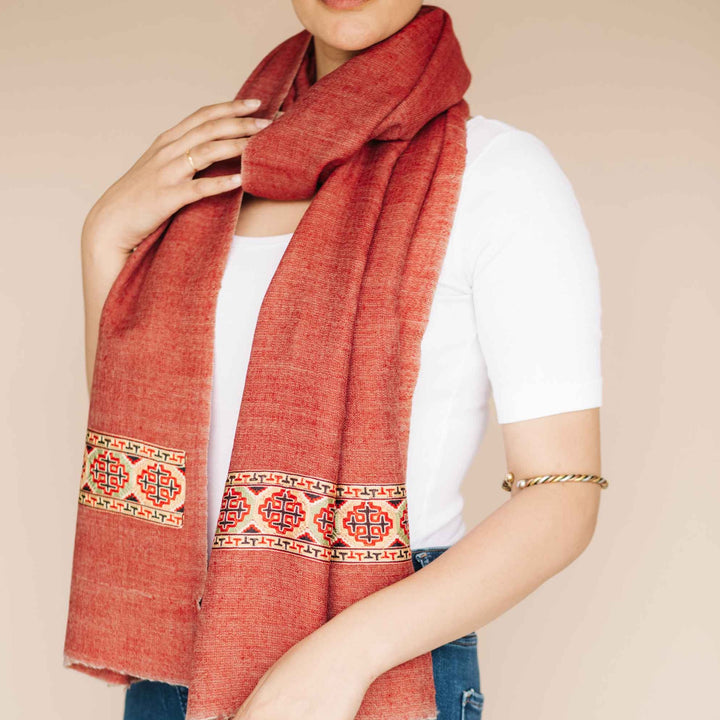 Embrace Bordered Red Wool Shawl Wrap - Best Meditation Wraps in USA for Embrace Journey Within