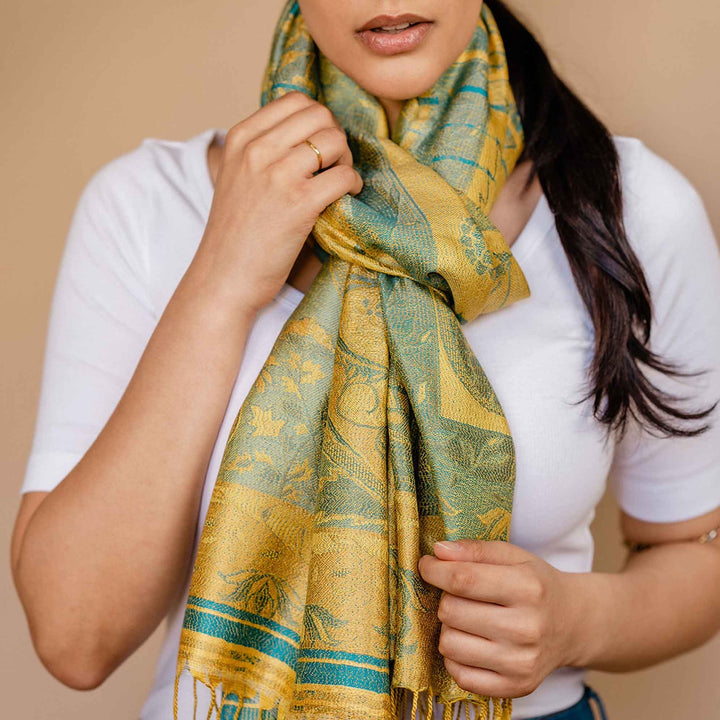 Embrace Optimistic Yellow Turquoise Silk Shawl Wrap - Best Meditation Wrap in USA for Embrace Journey Within