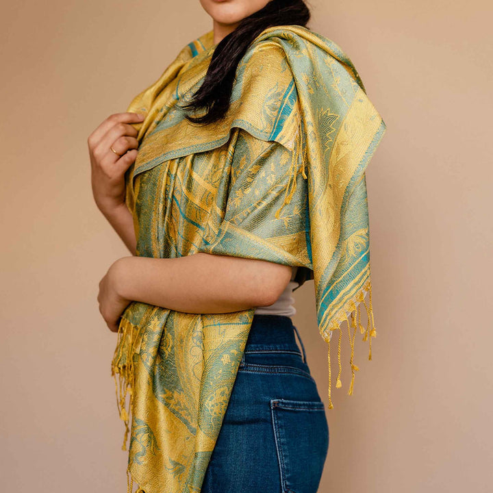 Embrace Optimistic Yellow Turquoise Silk Shawl Wrap - Best Meditation Wrap in USA for Embrace Journey Within