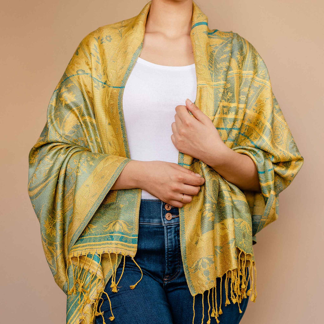 Embrace Optimistic Yellow Turquoise Silk Shawl Wrap - Best Meditation Wrap in USA for Embrace Journey Within