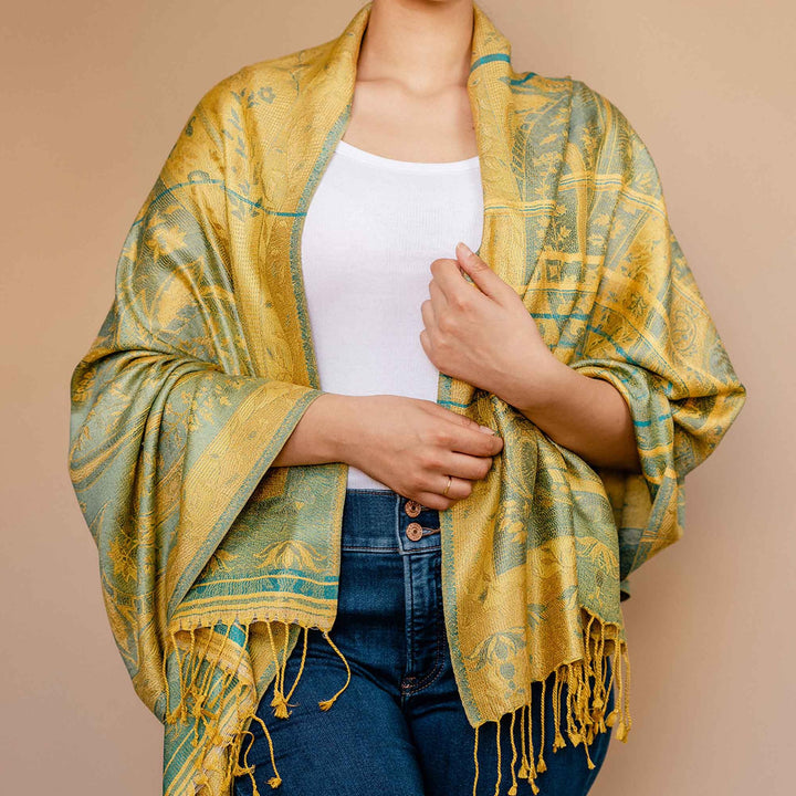 Embrace Optimistic Yellow Turquoise Silk Shawl Wrap - Best Meditation Wrap in USA for Embrace Journey Within
