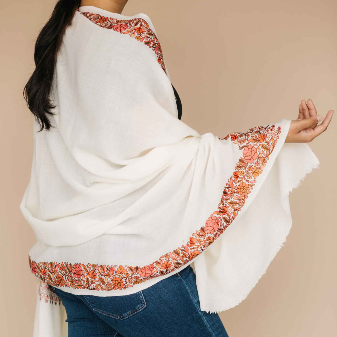 Embrace Creative Cream White & Orange Clay Pure Wool Royal Shawl Wrap - Best Meditation Wrap in USA for Embrace Journey Within