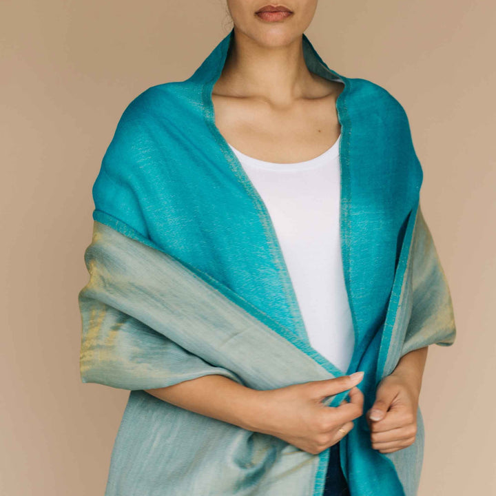 Embrace Serene Turquoise Blue Pure Wool Shawl Wrap - Best Meditation Wrap in USA for Embrace Journey Within