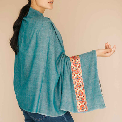 Embrace Calm Blue Wool Bordered Shawl Wrap - Best Meditation Wraps in USA for Embrace Journey Within