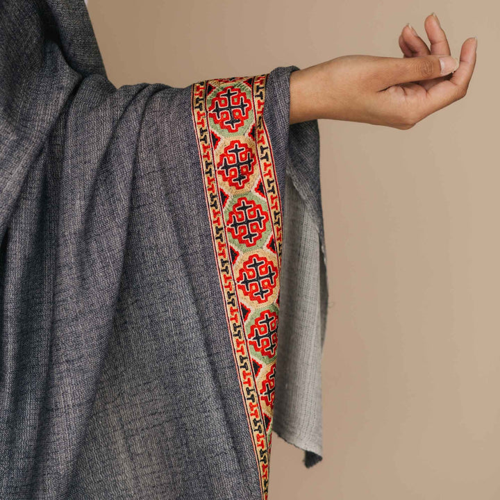 Embrace Peaceful Gray Pure Wool Bordered Shawl Wrap - Best Meditation Wrap in USA for Embrace Journey Within