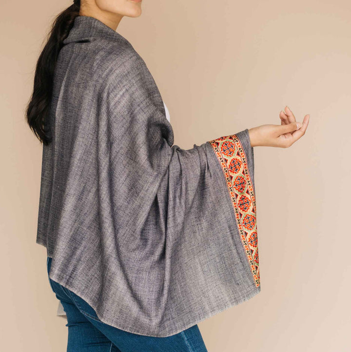 Embrace Peaceful Gray Pure Wool Bordered Shawl Wrap - Best Meditation Wrap in USA for Embrace Journey Within