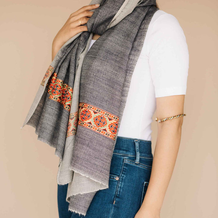 Embrace Peaceful Gray Pure Wool Bordered Shawl Wrap - Best Meditation Wrap in USA for Embrace Journey Within