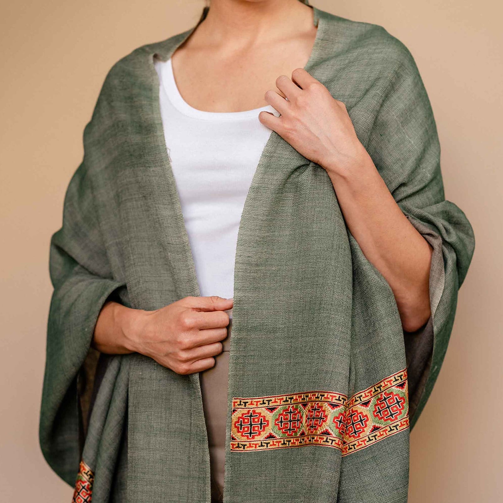 Embrace Healing Green Pure Wool Bordered Shawl Wrap - Best Meditation Wrap in USA for Embrace Journey Within