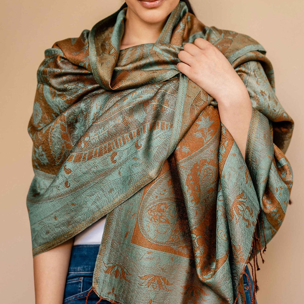 Embrace Grounded Blue & Brown Silk Shawl Wrap - Best Meditation Wrap in USA for Embrace Journey Within