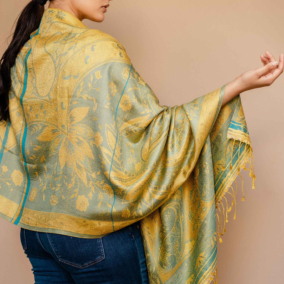 Embrace Optimistic Yellow Turquoise Silk Shawl Wrap - Best Meditation Wrap in USA for Embrace Journey Within