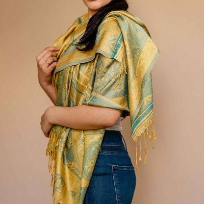 Embrace Optimistic Yellow Turquoise Silk Shawl Wrap - Best Meditation Wrap in USA for Embrace Journey Within