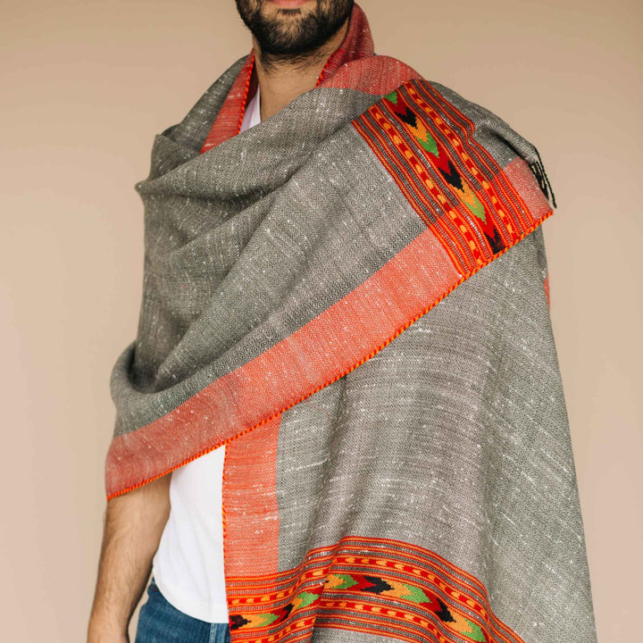 Embrace Bordered Gray Red Pure Wool Shawl Wrap - Best Meditation Wraps in USA for Embrace Journey Within