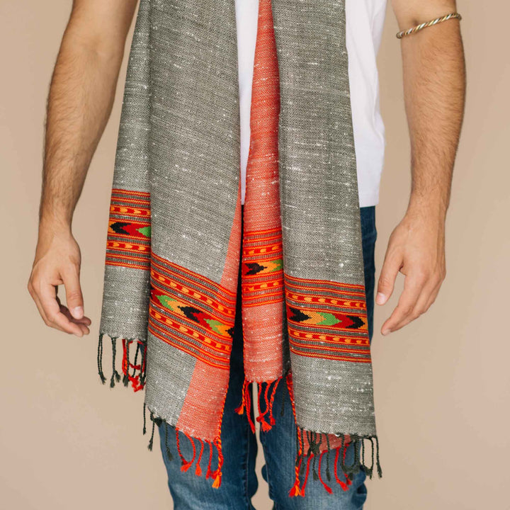 Embrace Bordered Gray Red Pure Wool Shawl Wrap - Best Meditation Wraps in USA for Embrace Journey Within